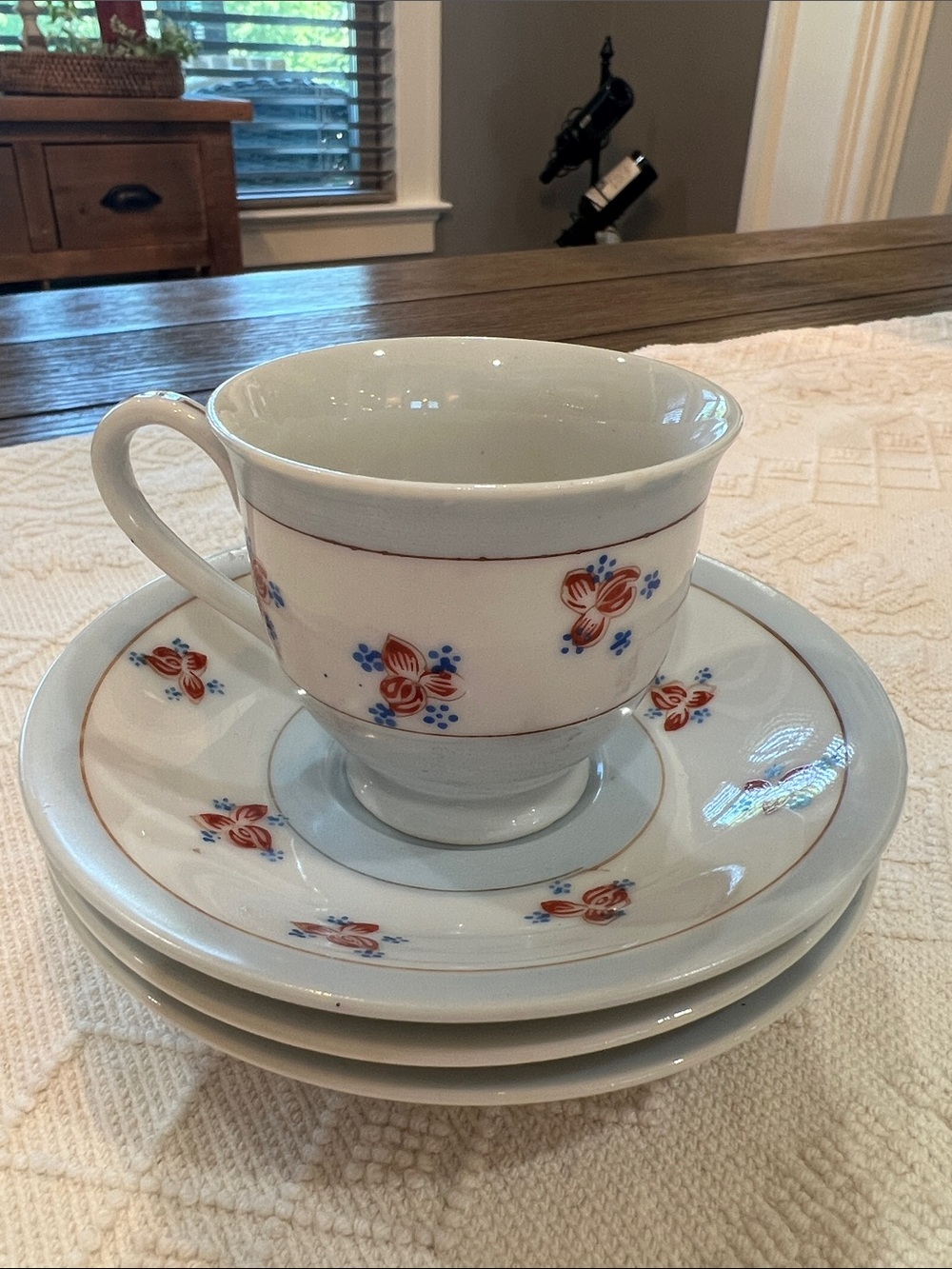 Occupied Japan Floral Blue and White Cup and Saucers